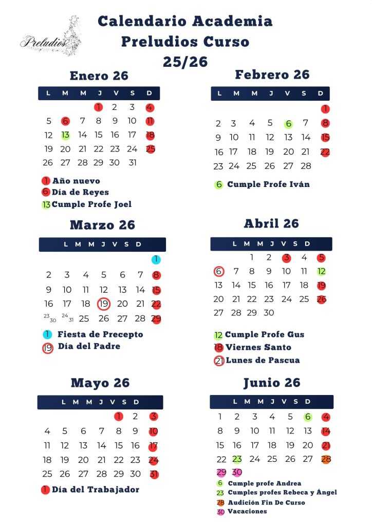 Calendario Preludios 2025 y 2026